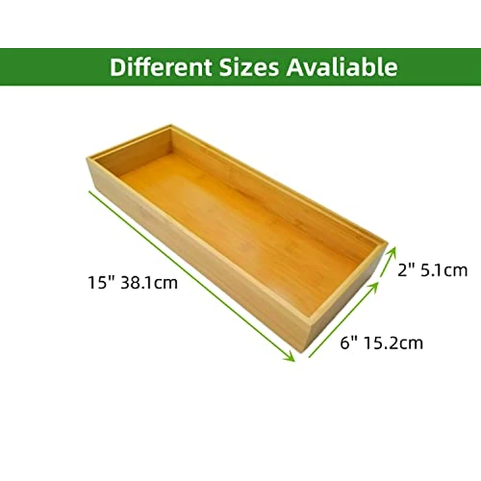 ROLiGHTiC Wooden Bamboo Kitchen Drawer Organizer Box, Stackable Tray Utensil Organizer for Office Drawers, Cabinets, Shelves, Pantry, or Bathroom Counter, Drawer Dividers for Silverware Set of 2, 15x6x2 inch by ROLiGHTiC - Image 3