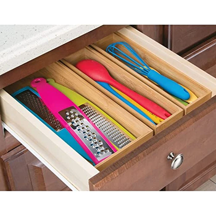 ROLiGHTiC Wooden Bamboo Kitchen Drawer Organizer Box, Stackable Tray Utensil Organizer for Office Drawers, Cabinets, Shelves, Pantry, or Bathroom Counter, Drawer Dividers for Silverware Set of 2, 15x6x2 inch by ROLiGHTiC - Image 4