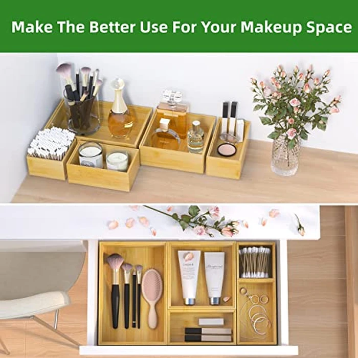 ROLiGHTiC Wooden Bamboo Kitchen Drawer Organizer Box, Stackable Tray Utensil Organizer for Office Drawers, Cabinets, Shelves, Pantry, or Bathroom Counter, Drawer Dividers for Silverware Set of 2, 15x6x2 inch by ROLiGHTiC - Image 5