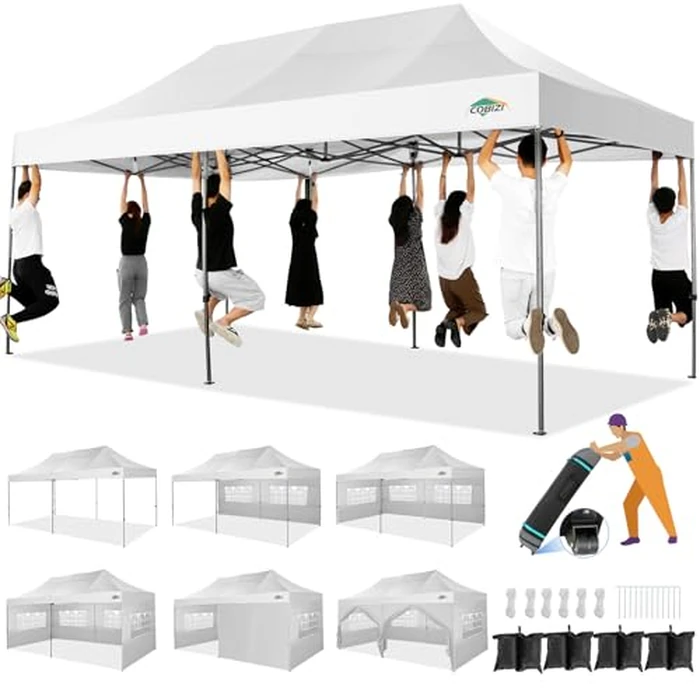 COBIZI 10x20 Heavy Duty Pop up Canopy Tent with 6 sidewalls Easy Up Commercial Outdoor Wedding Party Tents for Parties All Season Wind & Waterproof Gazebo Roller Bag, White(Frame Thickened) by COBIZI - Used - Like New condition - US$284.99
