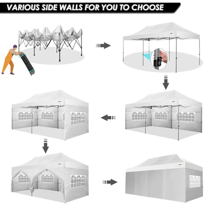 COBIZI 10x20 Heavy Duty Pop up Canopy Tent with 6 sidewalls Easy Up Commercial Outdoor Wedding Party Tents for Parties All Season Wind & Waterproof Gazebo Roller Bag, White(Frame Thickened) by COBIZI - Image 9