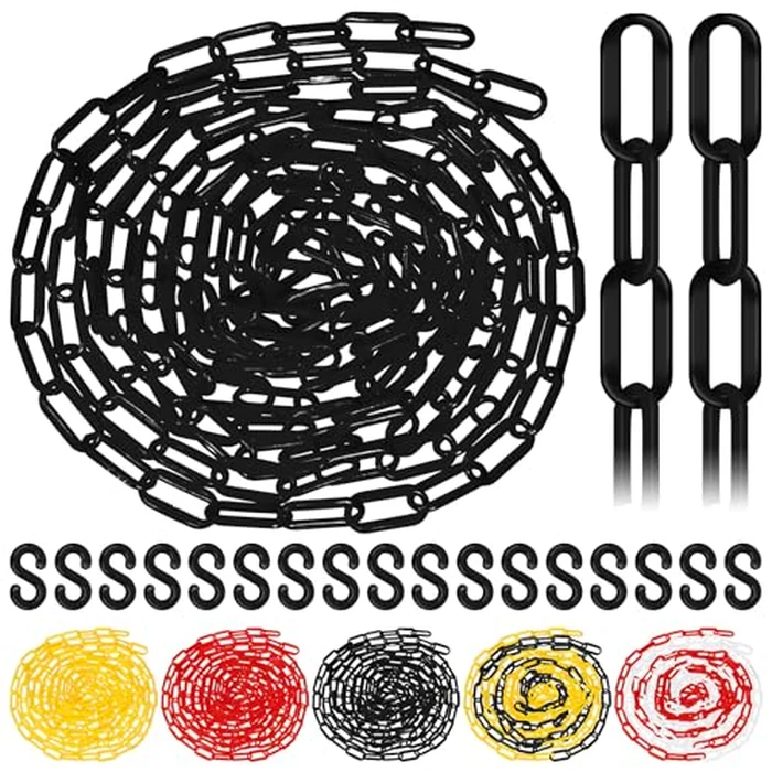 Glarks 21pcs 5M (16 Feet) x 6mm Plastic Chain Barrier with S Hooks, Black Plastic Chain Links, Safety Barrier Chain, Weatherproof Plastic Safety Chain for Crowd Control, Queue Line, Parking by GLARKS - Used - Acceptable condition - CA$11.17