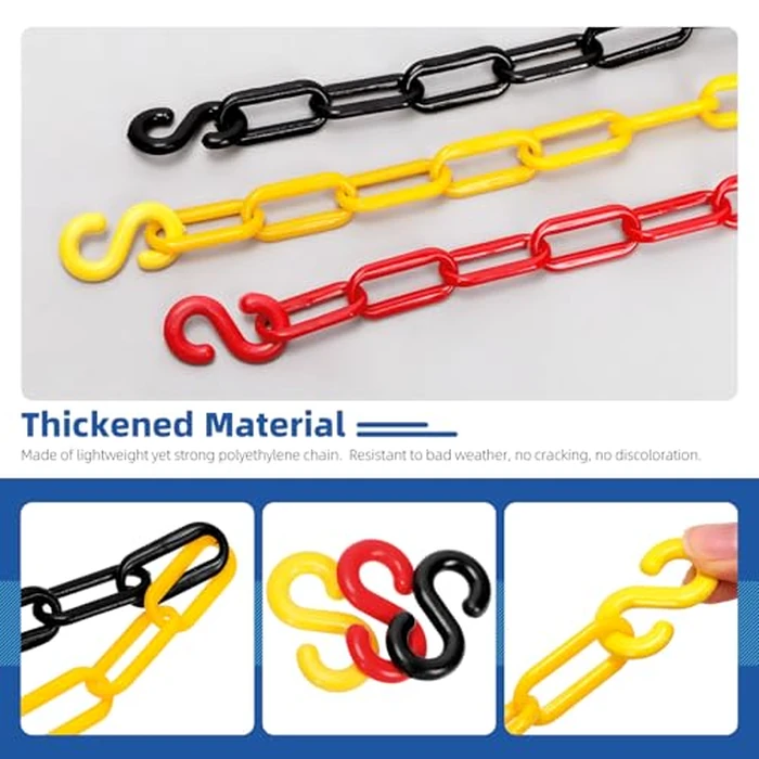 Glarks 21pcs 5M (16 Feet) x 6mm Plastic Chain Barrier with S Hooks, Black Plastic Chain Links, Safety Barrier Chain, Weatherproof Plastic Safety Chain for Crowd Control, Queue Line, Parking by GLARKS - Image 4