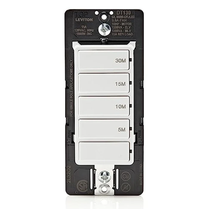 Leviton Countdown Timer Switch, 5-10-15-30 min, No Neutral Required, Single Pole, 15A, 1/2HP/9.8A Fan/Motor, DT130-1LW, White by Leviton - Used - Acceptable condition - CA$24.23