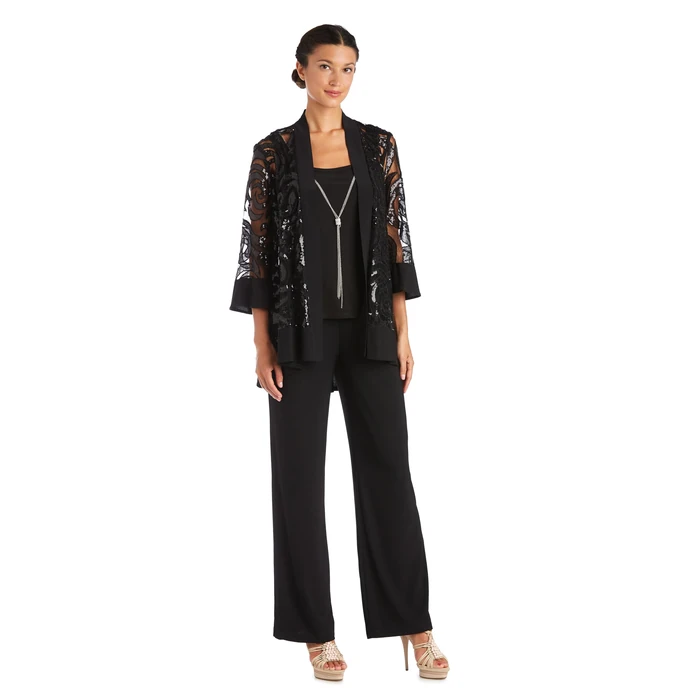 R&M Richards Women's 2-Piece Pant Set W/Sequin Swing Lace Jacket & Mock Tank Top | Formal Evening Wear Black by R&M Richards - Used - Like New condition - US$84.95