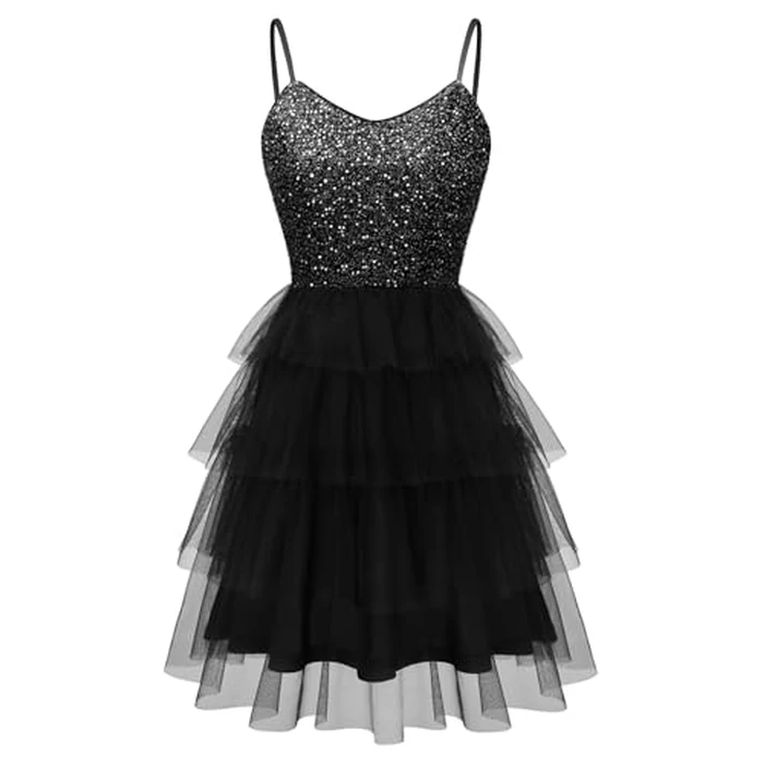Dressystar 2026 Women's Tiered Sparkly Sequin Glitter Formal Prom Dress Mini Spaghetti Strap Tulle Cocktail Party Dresses Black S by Dressystar - Image 2