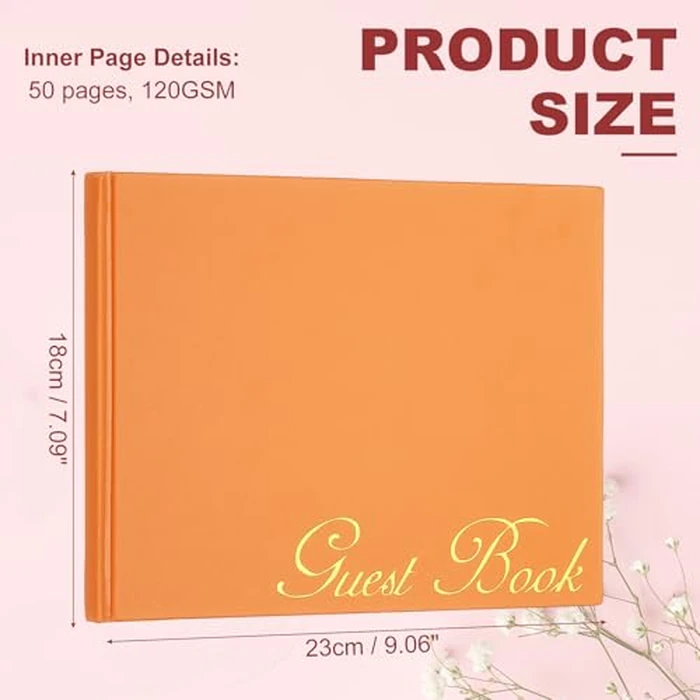 PATIKIL Elegant Guestbook, 9"x7" PU Leather Wedding Guest Book Stylish Sign in Book with 50 Blank 120GSM Paper for Receptions Birthdays Funerals Special Events, Orange by PATIKIL - Image 2
