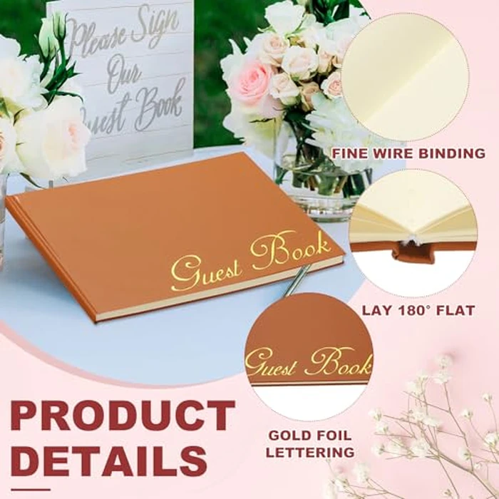 PATIKIL Elegant Guestbook, 9"x7" PU Leather Wedding Guest Book Stylish Sign in Book with 50 Blank 120GSM Paper for Receptions Birthdays Funerals Special Events, Orange by PATIKIL - Image 3