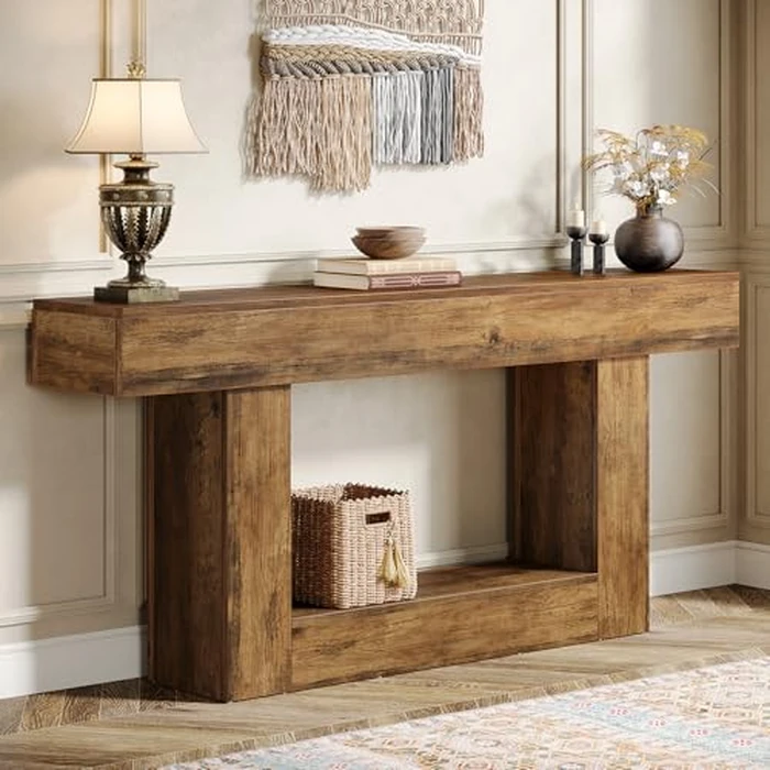 Tribesigns 63" Console Table, Farmhouse 2-Tier Entryway Table with U-Shaped Base, Narrow Long Wood Sofa Table Behind Couch Table for Living Room, Hallway, Foyer, Vintage Brown by Tribesigns - Image 1