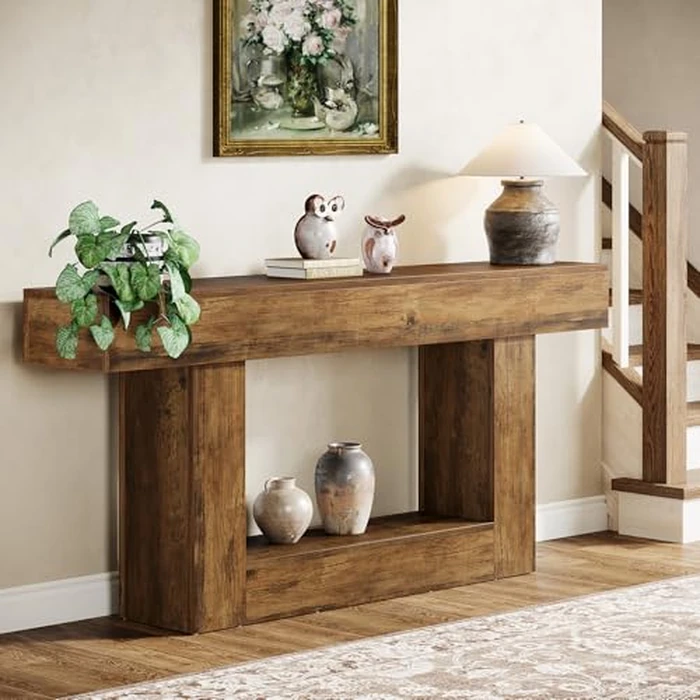 Tribesigns 63" Console Table, Farmhouse 2-Tier Entryway Table with U-Shaped Base, Narrow Long Wood Sofa Table Behind Couch Table for Living Room, Hallway, Foyer, Vintage Brown by Tribesigns - Image 5