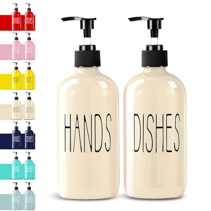 COHOSEGE Glass Soap Dispenser Set 2 Pack,16 Oz Dish Soap Dispenser for Kitchen Sink,Beige Kitchen Accessories and Kitchen Decor,Beige Decorations and Kitchen Utensils for Kitchen by COHOSEGE - Used - Like New condition - US$13.87