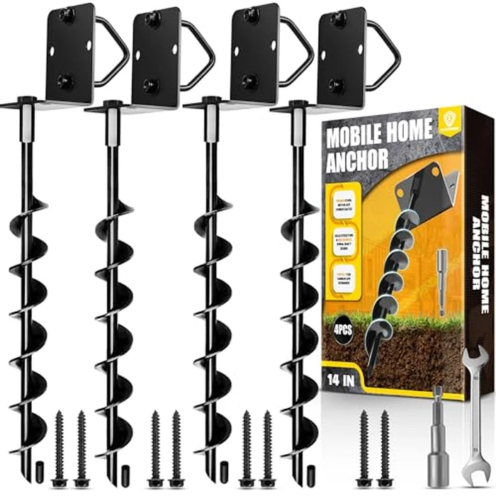 [UPGRADED] 14” Full Spiral Blade Mobile Home Anchor, 4 Pack Ground Anchor Screw in with L-shaped Brackets, U-bolts, Power Nut Driver, Earth Anchors High Wind Heavy Duty for Camping Tents, Swing Sets by X-CUIRASS - Used - Like New condition - US$43.69