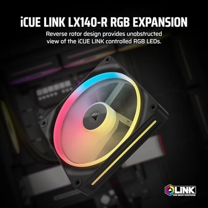 CORSAIR iCUE Link LX140-R RGB 140mm PWM Reverse Fan - Single Fan - Low-Noise, CORSAIR Magnetic Dome Bearing, Dual Light Loops, CORSAIR QuikTurn(TM) Screws, Zero RPM Mode - Black by Corsair - Used - Good condition - CA$33.00