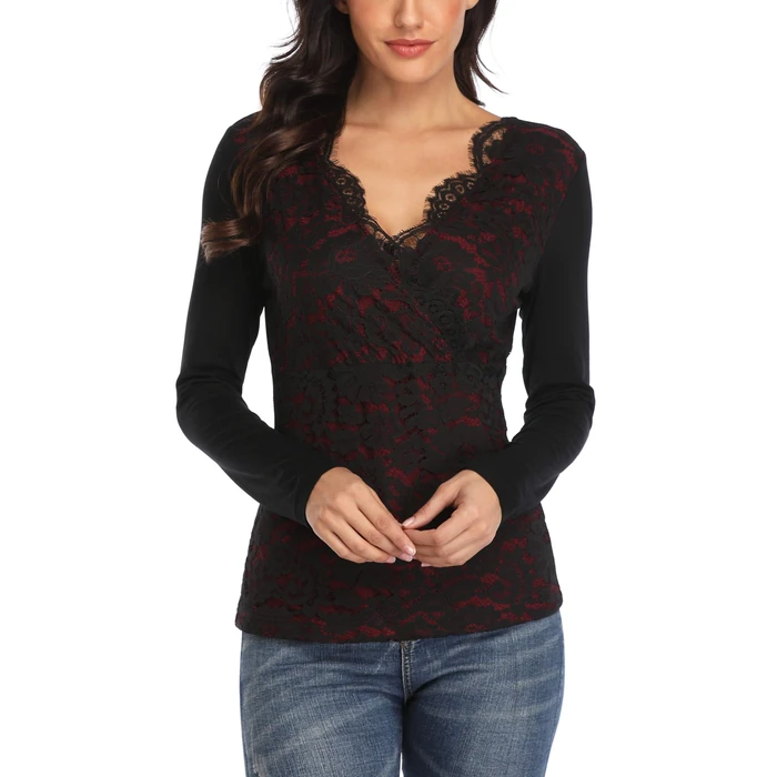 MISS MOLY Lace Tops for Women Long Sleeve Sexy V Neck T Shirts Blouse Elegant Red L by MISS MOLY - Used - Like New condition - US$19.16