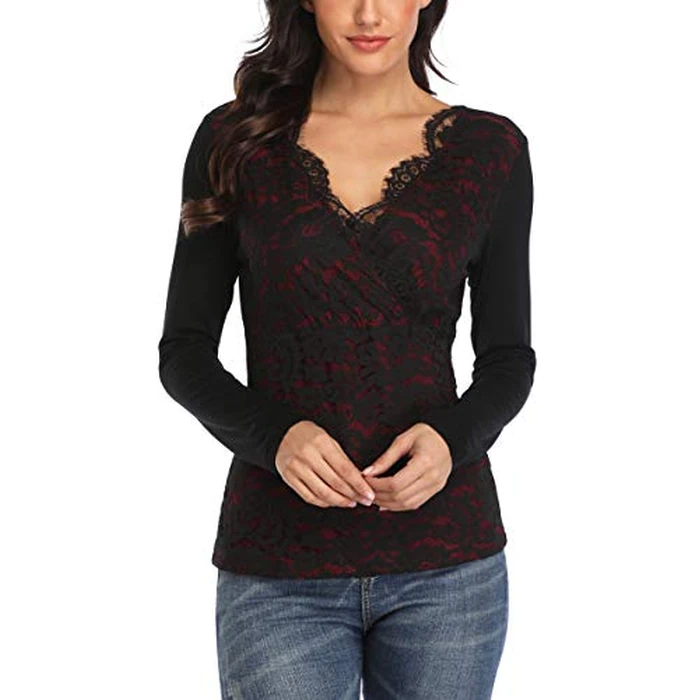MISS MOLY Lace Tops for Women Long Sleeve Sexy V Neck T Shirts Blouse Elegant Red L by MISS MOLY - Image 2
