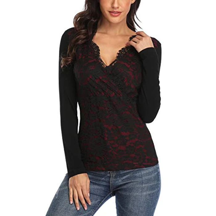 MISS MOLY Lace Tops for Women Long Sleeve Sexy V Neck T Shirts Blouse Elegant Red L by MISS MOLY - Image 5