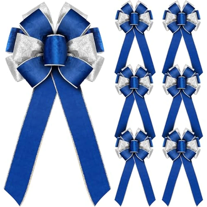 FineCheer 6 Pcs Large Christmas Bows, 10" x 20" Velvet Glitter Christmas Bow for Wreath Tree Topper Ornament Bow for Xmas Home Indoor Outdoor Front Door(Navy Blue, Silver) by FineCheer - Image 2