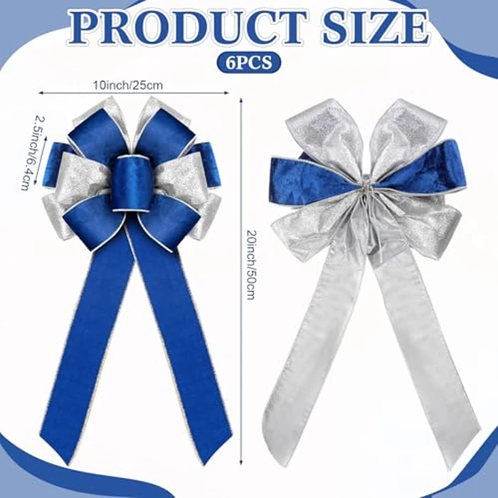 FineCheer 6 Pcs Large Christmas Bows, 10" x 20" Velvet Glitter Christmas Bow for Wreath Tree Topper Ornament Bow for Xmas Home Indoor Outdoor Front Door(Navy Blue, Silver) by FineCheer - Image 4
