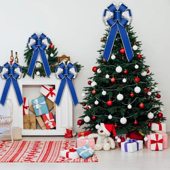 FineCheer 6 Pcs Large Christmas Bows, 10" x 20" Velvet Glitter Christmas Bow for Wreath Tree Topper Ornament Bow for Xmas Home Indoor Outdoor Front Door(Navy Blue, Silver) by FineCheer - Image 8