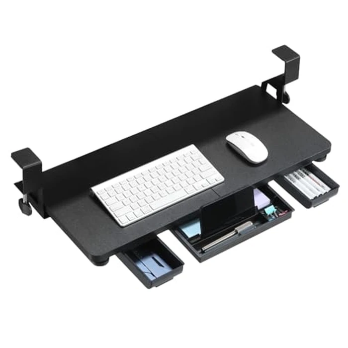 TECLUK Keyboard Tray Under Desk with Drawer,26.77" X 11.81" Keyboard Tray with C Clamp-on Mount, Easy to Install, Height Adjustable for Home Office (Black) by TECLUK - Image 1