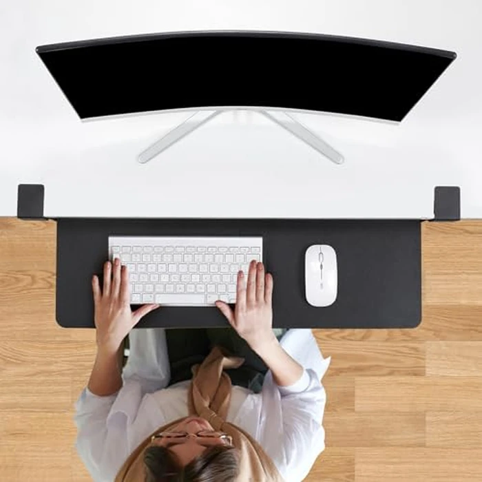 TECLUK Keyboard Tray Under Desk with Drawer,26.77" X 11.81" Keyboard Tray with C Clamp-on Mount, Easy to Install, Height Adjustable for Home Office (Black) by TECLUK - Image 2