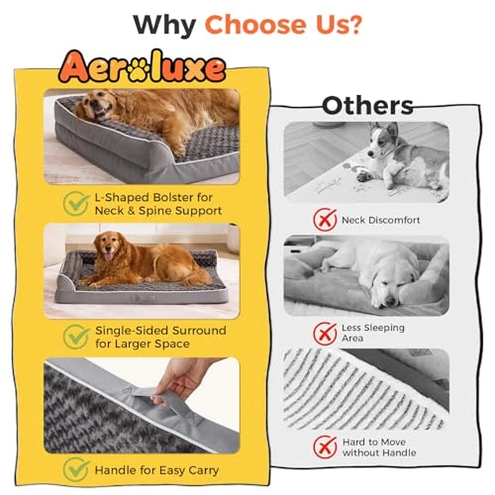 Aeroluxe Dog Beds Large Sized Dogs, XL Orthopedic Dog Beds for Large Dogs 42"x30"x7.5", Waterproof Pet Bed with Washable Cover, L-Shaped Pet Couch with Portable Handle, Grey by Aeroluxe - Image 3