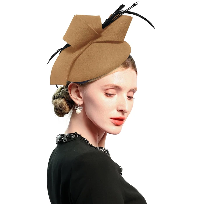 ELLYDOOR Wool Fascinator Pillbox Hat Winter British Wool Felt Hat for Women Wedding Church Hat Flower Fedoras J-Khaki by ELLYDOOR - Used - Like New condition
