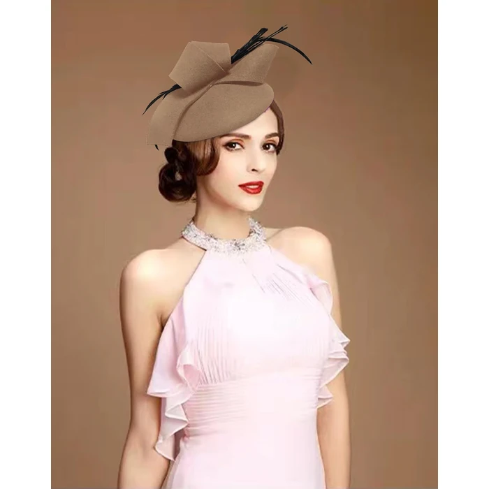 ELLYDOOR Wool Fascinator Pillbox Hat Winter British Wool Felt Hat for Women Wedding Church Hat Flower Fedoras J-Khaki by ELLYDOOR - Image 5
