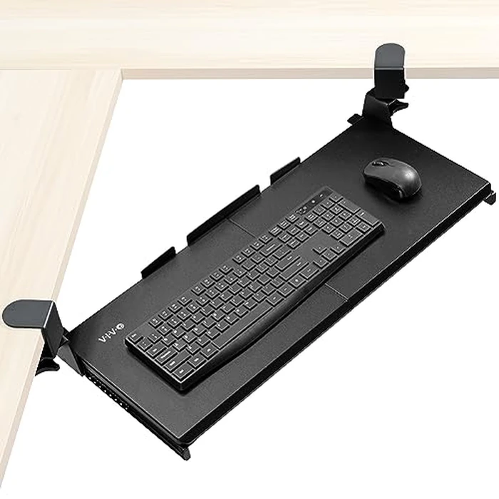 VIVO Large Pull Out Keyboard Tray for Corner Desk, 27 (33 Including Clamps) x 11 inch Slide-Out Platform Computer Drawer, 90-Degree Swivel C-Clamps for L-Shaped Workstation, Black, MOUNT-KB10C by VIVO - Used - Like New condition - US$56.99