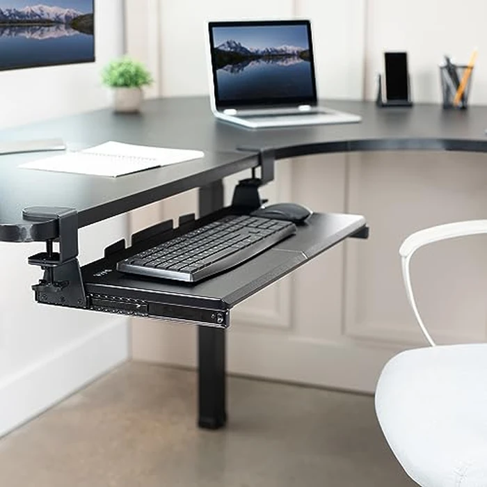 VIVO Large Pull Out Keyboard Tray for Corner Desk, 27 (33 Including Clamps) x 11 inch Slide-Out Platform Computer Drawer, 90-Degree Swivel C-Clamps for L-Shaped Workstation, Black, MOUNT-KB10C by VIVO - Image 6