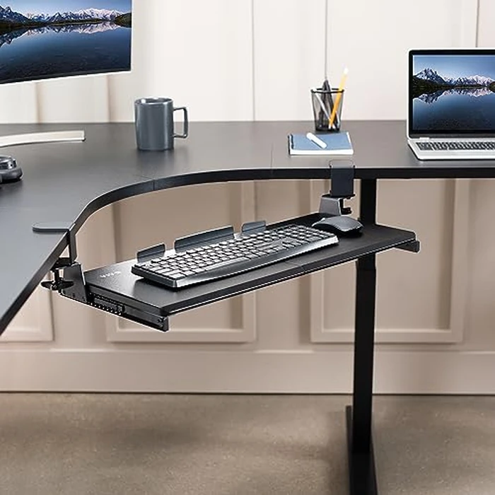 VIVO Large Pull Out Keyboard Tray for Corner Desk, 27 (33 Including Clamps) x 11 inch Slide-Out Platform Computer Drawer, 90-Degree Swivel C-Clamps for L-Shaped Workstation, Black, MOUNT-KB10C by VIVO - Image 9