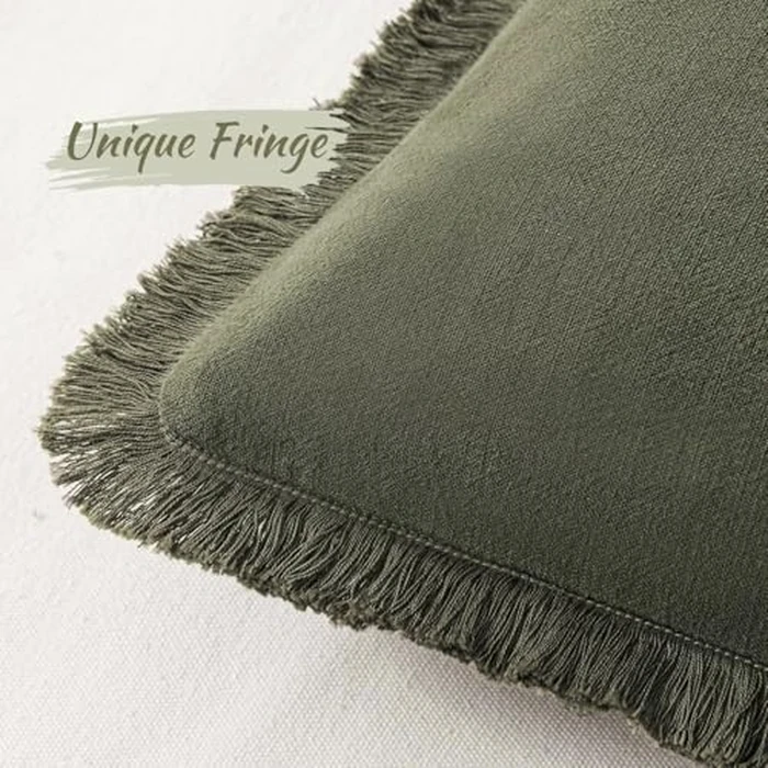 MIULEE Decorative Throw Pillow Covers Neutral Linen Fringe Throw Pillows Set of 2 Olive Green Boho Farmhouse Cushion Covers with Tassels for Couch Sofa Bed Living Room Spring Home Decor 20x20 Inch by MIULEE - Image 2