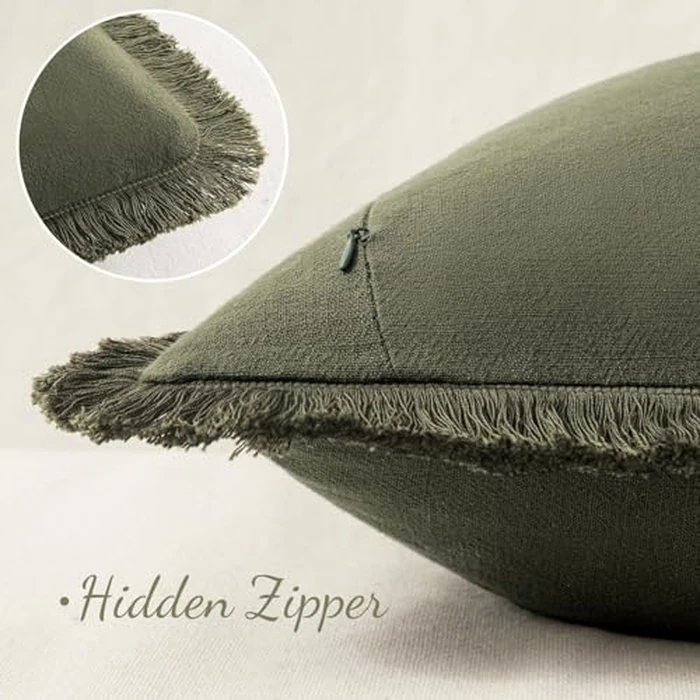 MIULEE Decorative Throw Pillow Covers Neutral Linen Fringe Throw Pillows Set of 2 Olive Green Boho Farmhouse Cushion Covers with Tassels for Couch Sofa Bed Living Room Spring Home Decor 20x20 Inch by MIULEE - Image 3