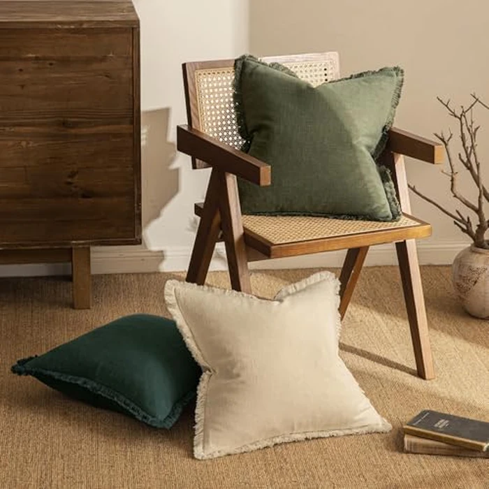 MIULEE Decorative Throw Pillow Covers Neutral Linen Fringe Throw Pillows Set of 2 Olive Green Boho Farmhouse Cushion Covers with Tassels for Couch Sofa Bed Living Room Spring Home Decor 20x20 Inch by MIULEE - Image 4