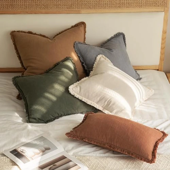 MIULEE Decorative Throw Pillow Covers Neutral Linen Fringe Throw Pillows Set of 2 Olive Green Boho Farmhouse Cushion Covers with Tassels for Couch Sofa Bed Living Room Spring Home Decor 20x20 Inch by MIULEE - Image 5