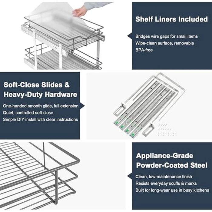 Sylunawyn 2 Tier Pull Out Cabinet Organizer - 8" W x 22" D Soft Close Slide Out Shelves with Shelf Liners - Pullout Drawers for Kitchen Cabinets, Pantry, Bathroom, Heavy Duty Steel Wire Baskets by Sylunawyn - Image 4