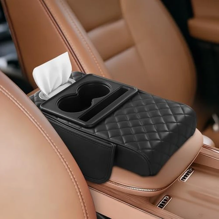 Cxprctpu 5-in-1 Center Console Cover for Car, Universal Armrest Cover Cushion, Upgrade Arm Rest Cover for Car with Cup Holder & Storage, PVC Leather Armrest Pad with Phone Slot & Tissue Holder, Black by Cxprctpu - Used - Very Good condition