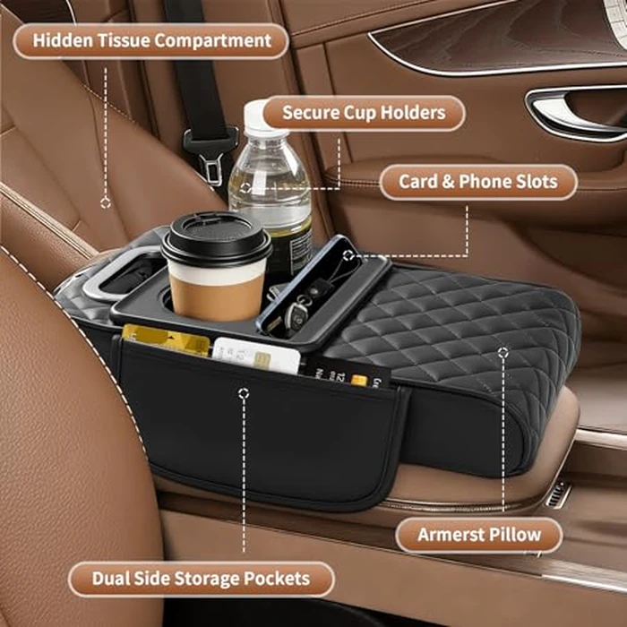 Cxprctpu 5-in-1 Center Console Cover for Car, Universal Armrest Cover Cushion, Upgrade Arm Rest Cover for Car with Cup Holder & Storage, PVC Leather Armrest Pad with Phone Slot & Tissue Holder, Black by Cxprctpu - Image 2