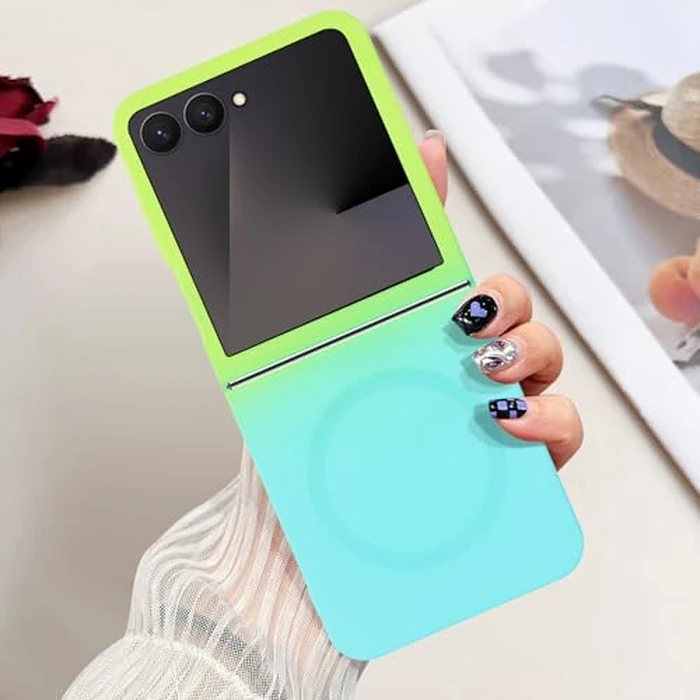 Omio Magnetic Silicone Case for Samsung Galaxy Z Flip 7 Compatible with MagSafe, Luxury Gradient Design Slim Soft Liquid Silicone Shockproof Phone Cover for Women Men Girls, Green/Blue by Omio - Used - Very Good condition - US$6.04