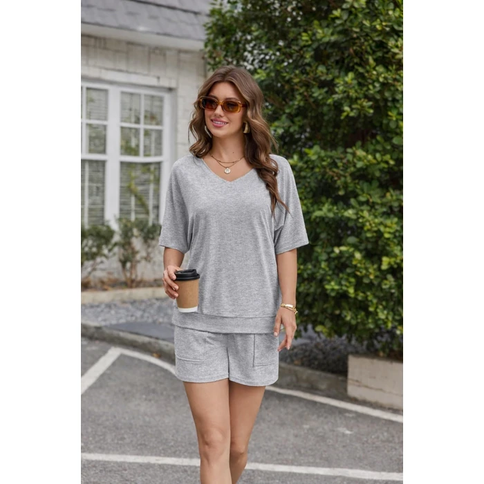 Ekouaer Lounge Sets for Women V Neck Womens Pajama Sets Two Piece Short Sets Summer Vacation Outfits with Large Pockets Grey by Ekouaer - Image 2