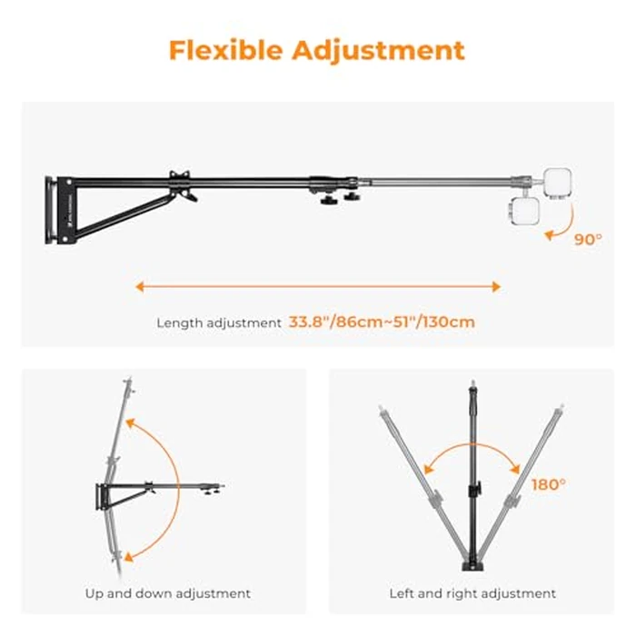K&F CONCEPT Wall Mount Boom Arm 51"- Rotating Triangle Stand for Ring Light, Softbox, Reflector - Support 180 degreesFlexible Rotation, 33-51in Adjustable Length, 20lbs Heavy Duty with 1/4''&3/8'' Mount by K&F CONCEPT - Image 2