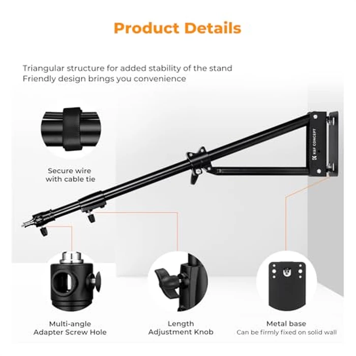 K&F CONCEPT Wall Mount Boom Arm 51"- Rotating Triangle Stand for Ring Light, Softbox, Reflector - Support 180 degreesFlexible Rotation, 33-51in Adjustable Length, 20lbs Heavy Duty with 1/4''&3/8'' Mount by K&F CONCEPT - Image 3