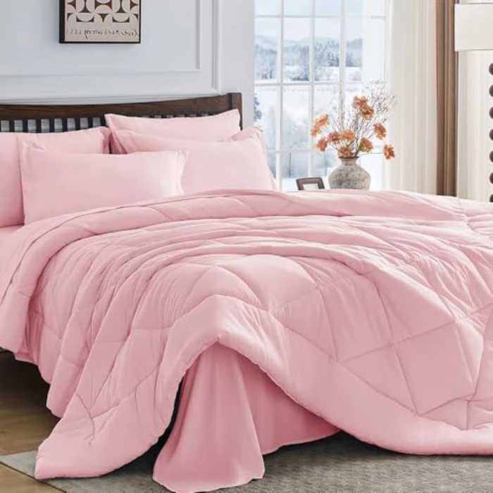 HEVUMYI Twin-XL Comforter Set - 5-Piece All Season Bed in a Bag Twin-XL, Ultra Soft Bedding Set with Comforter, Flat Sheet, Fitted Sheet, Pillowcases, Pillow Shams, Baby Pink by HEVUMYI - Used - Very Good condition