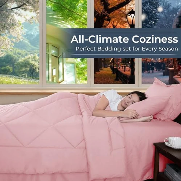 HEVUMYI Twin-XL Comforter Set - 5-Piece All Season Bed in a Bag Twin-XL, Ultra Soft Bedding Set with Comforter, Flat Sheet, Fitted Sheet, Pillowcases, Pillow Shams, Baby Pink by HEVUMYI - Image 3