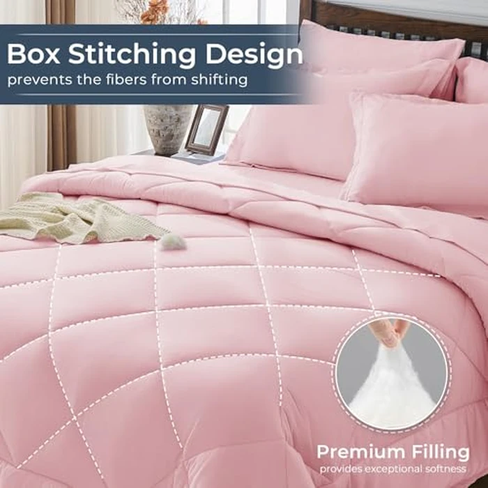 HEVUMYI Twin-XL Comforter Set - 5-Piece All Season Bed in a Bag Twin-XL, Ultra Soft Bedding Set with Comforter, Flat Sheet, Fitted Sheet, Pillowcases, Pillow Shams, Baby Pink by HEVUMYI - Image 4