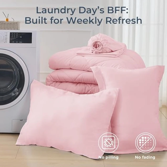 HEVUMYI Twin-XL Comforter Set - 5-Piece All Season Bed in a Bag Twin-XL, Ultra Soft Bedding Set with Comforter, Flat Sheet, Fitted Sheet, Pillowcases, Pillow Shams, Baby Pink by HEVUMYI - Image 7