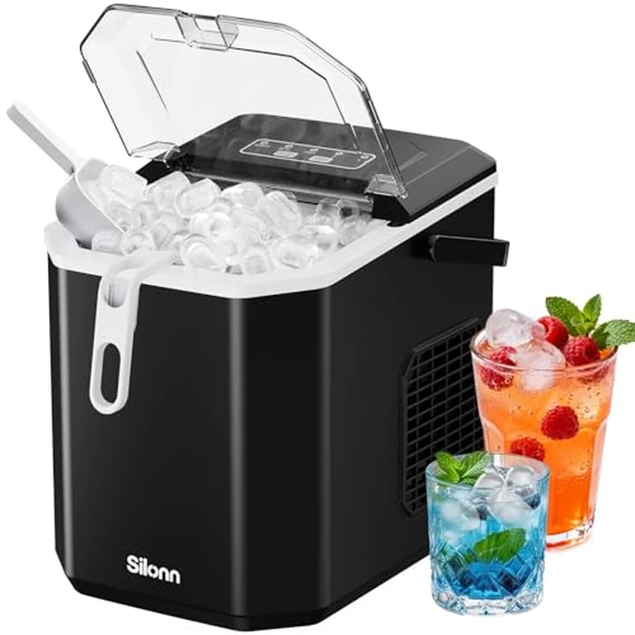 Silonn Ice Maker Countertop, Portable Ice Machine with Carry Handle, Self-Cleaning Ice Makers with Basket and Scoop, 9 Cubes in 6 Mins, 26 lbs per Day, Ideal for Home, Kitchen, Camping, RV by Silonn - Used - Like New condition - US$66.46