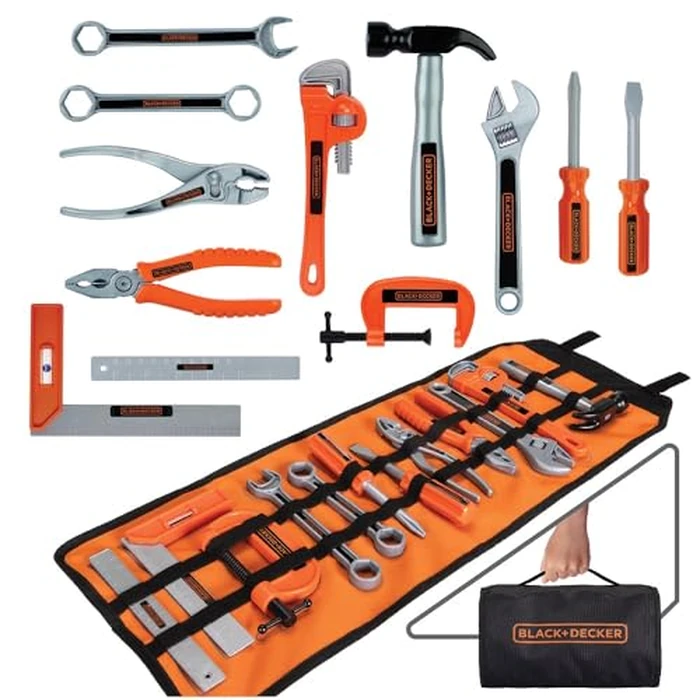 BLACK+DECKER Kids Tool Bag Set 13-Piece Junior Roll Up Bag Pretend Play Tools, Hammer, Phillips Screwdriver, Pliers, Adjustable Wrench & More! for Boys & Girls Ages 3+ by Jakks Pacific - Used - Acceptable condition