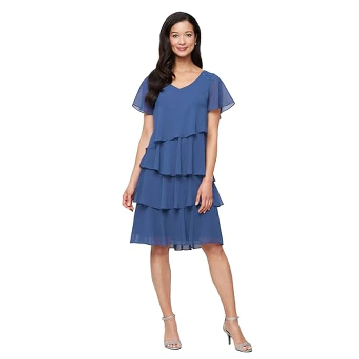 S.L. Fashions Women's V-Neck Chiffon Cocktail Dress with Beaded Shoulders and Asymmetrical Tiers,Wedgewood, 12P by S.L. Fashions - Used - Like New condition