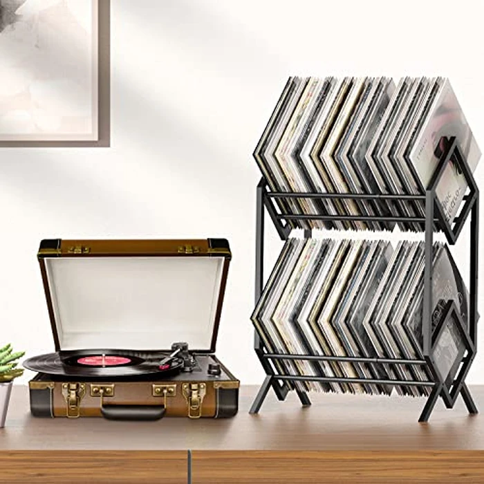 RUILALIFE 2-Tier-Vinyl-Record-Storage-Holder With Dividers, 200 LPs Albums Storage Rack Shelf, Steel Music Records Display Shelf Organizer For Book, Magazine, Files,Matte Black by RUILALIFE - Image 2